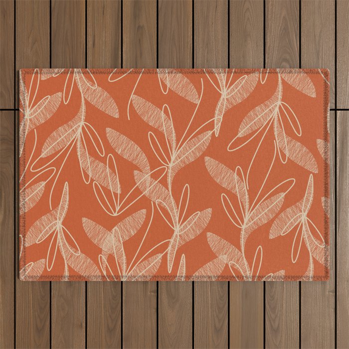 Mid Century Modern Botanical Pattern in Mid Mod Beige and Orange Outdoor Rug Gallery Image 1
