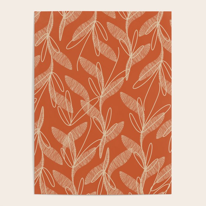 Mid Century Modern Botanical Pattern in Mid Mod Beige and Orange Poster Gallery Image 1
