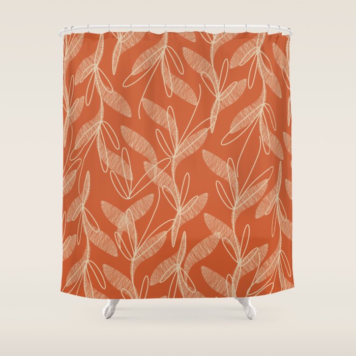 Mid Century Modern Botanical Pattern in Mid Mod Beige and Orange Shower Curtain Gallery Image 1