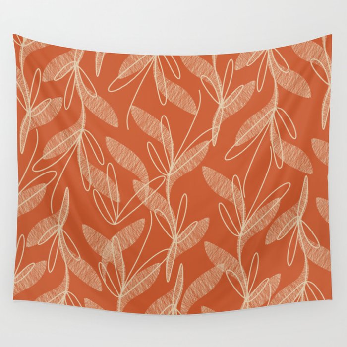 Mid Century Modern Botanical Pattern in Mid Mod Beige and Orange Wall Tapestry Gallery Image 4