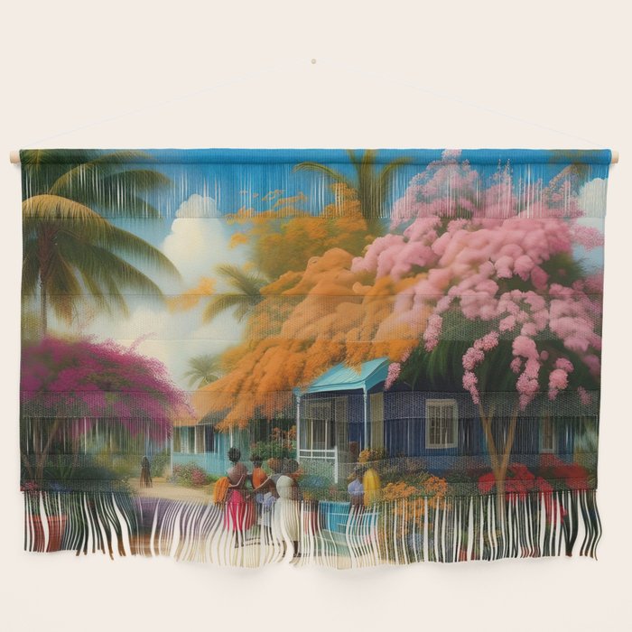 The Sunday Picnickers; tropical African American family landscape painting with flower blossoms and cottages  Wall Hanging Gallery Image 1