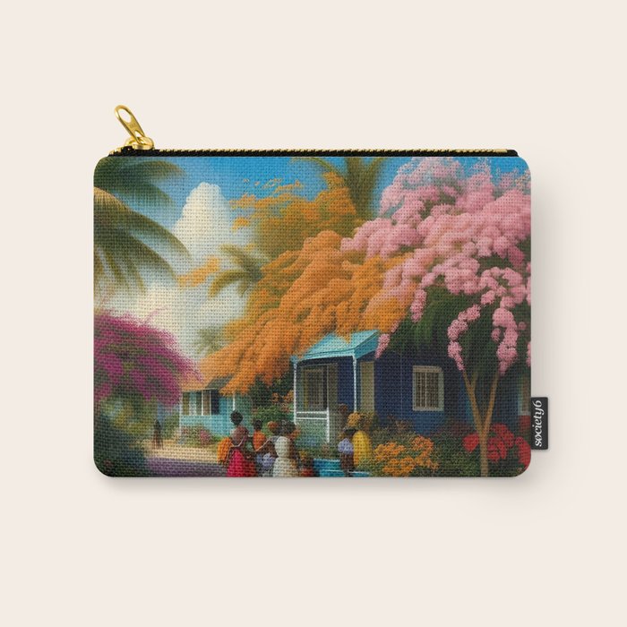 The Sunday Picnickers; tropical African American family landscape painting with flower blossoms and cottages  Carry All Pouch Gallery Image 1