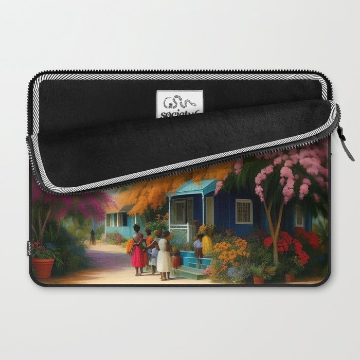 The Sunday Picnickers; tropical African American family landscape painting with flower blossoms and cottages  Laptop Sleeve Gallery Image 2