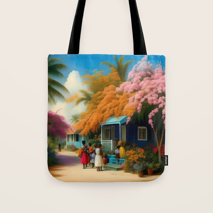 The Sunday Picnickers; tropical African American family landscape painting with flower blossoms and cottages  Tote Bag Gallery Image 1