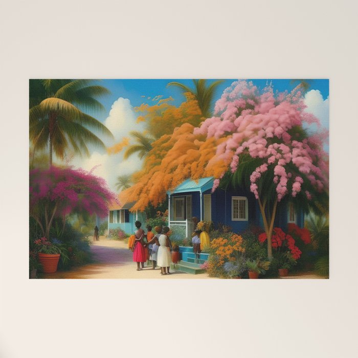 The Sunday Picnickers; tropical African American family landscape painting with flower blossoms and cottages  Welcome Mat Gallery Image 1
