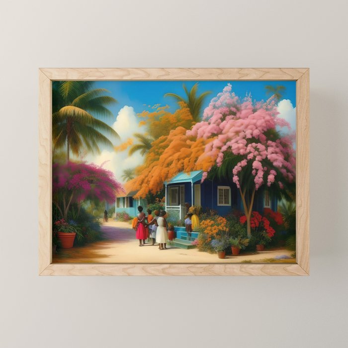 The Sunday Picnickers; tropical African American family landscape painting with flower blossoms and cottages  Mini Art Print Gallery Image 1