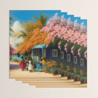The Sunday Picnickers; tropical African American family landscape painting with flower blossoms and cottages  Wrapping Paper Gallery Image 3
