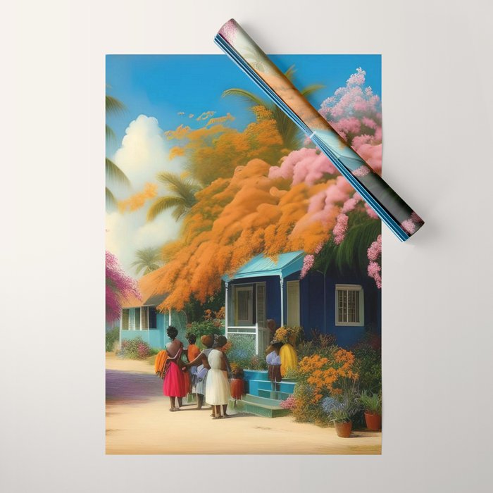 The Sunday Picnickers; tropical African American family landscape painting with flower blossoms and cottages  Wrapping Paper Gallery Image 1