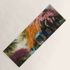The Sunday Picnickers; tropical African American family landscape painting with flower blossoms and cottages  Yoga Mat Gallery Image 1