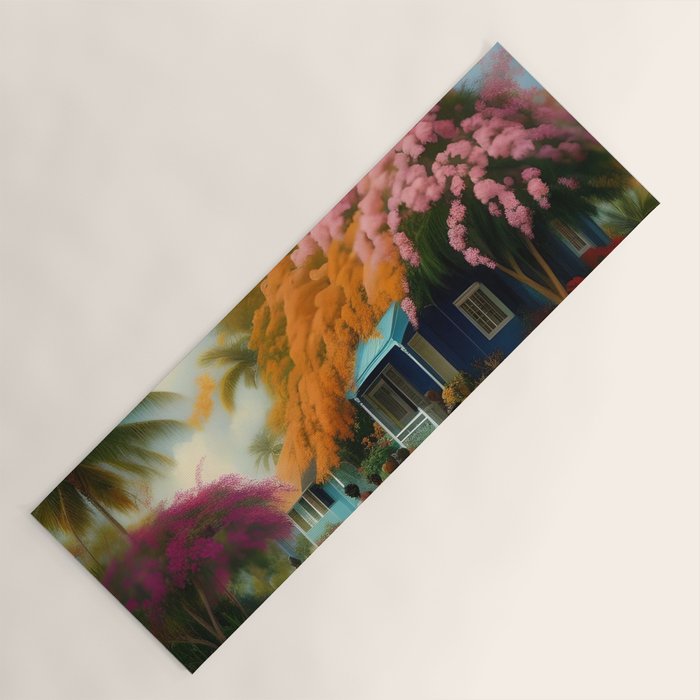 The Sunday Picnickers; tropical African American family landscape painting with flower blossoms and cottages  Yoga Mat Gallery Image 1