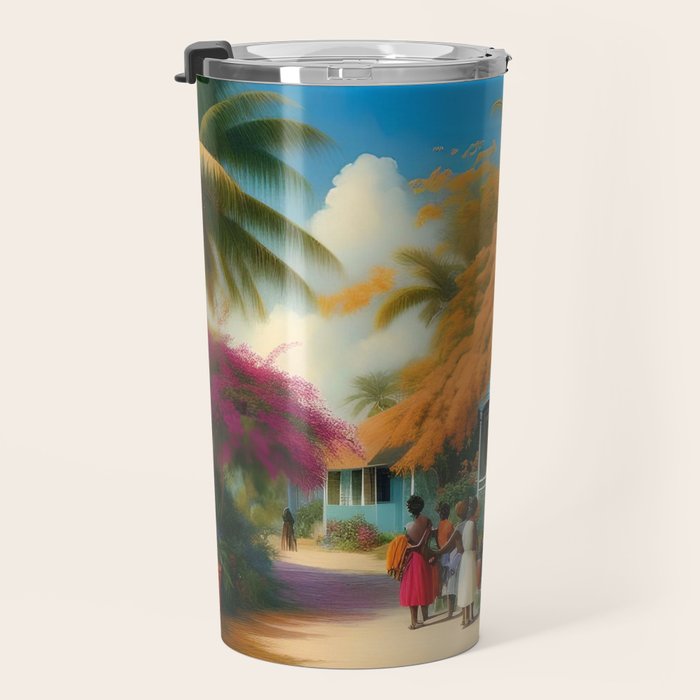 The Sunday Picnickers; tropical African American family landscape painting with flower blossoms and cottages  Travel Mug Gallery Image 3