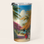 The Sunday Picnickers; tropical African American family landscape painting with flower blossoms and cottages  Travel Mug Gallery Image 3