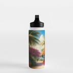 The Sunday Picnickers; tropical African American family landscape painting with flower blossoms and cottages  Water Bottle Gallery Image 3