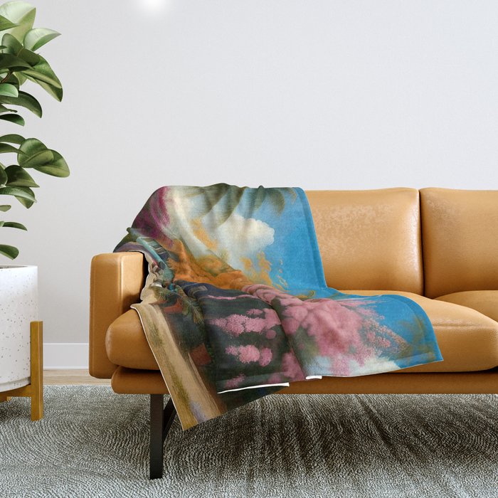 The Sunday Picnickers; tropical African American family landscape painting with flower blossoms and cottages  Throw Blanket Gallery Image 1