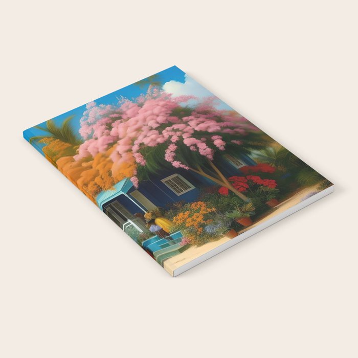 The Sunday Picnickers; tropical African American family landscape painting with flower blossoms and cottages  Notebook Gallery Image 1