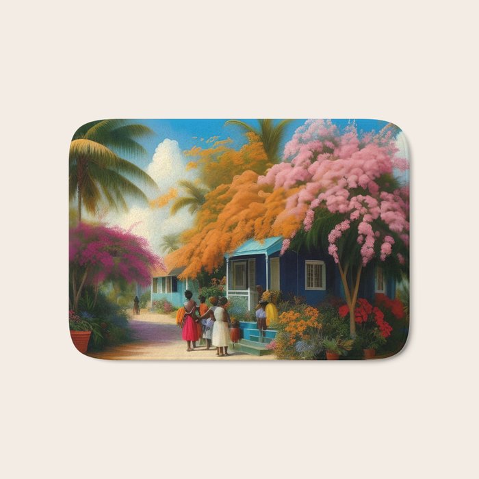 The Sunday Picnickers; tropical African American family landscape painting with flower blossoms and cottages  Bath Mat Gallery Image 1