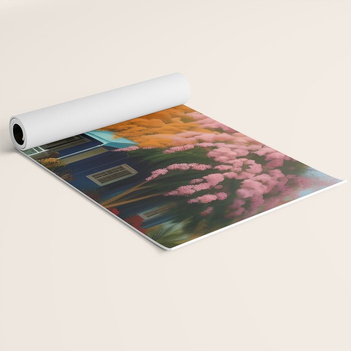 The Sunday Picnickers; tropical African American family landscape painting with flower blossoms and cottages  Yoga Mat Gallery Image 2