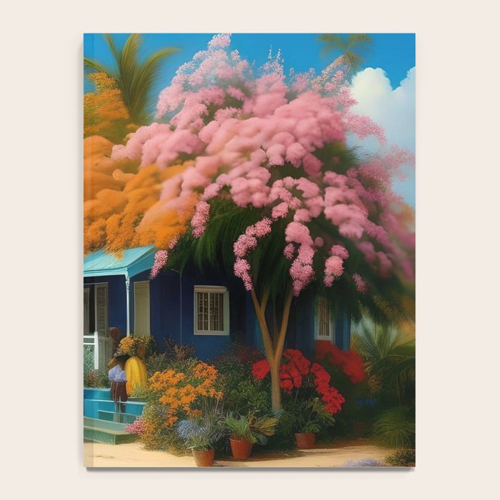 The Sunday Picnickers; tropical African American family landscape painting with flower blossoms and cottages  Notebook Gallery Image 4