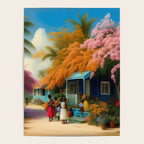 The Sunday Picnickers; tropical African American family landscape painting with flower blossoms and cottages  Poster Gallery Image 4