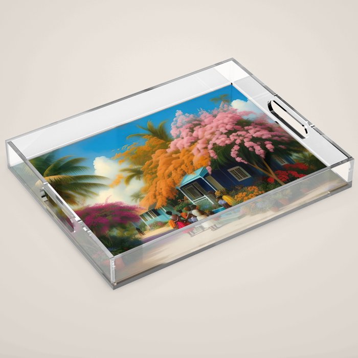 The Sunday Picnickers; tropical African American family landscape painting with flower blossoms and cottages  Acrylic Tray Gallery Image 1