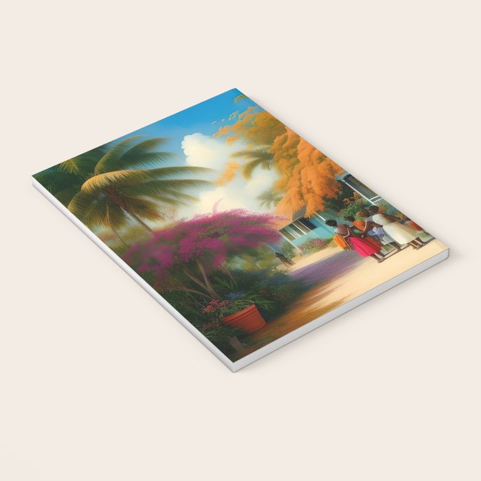 The Sunday Picnickers; tropical African American family landscape painting with flower blossoms and cottages  Notebook Gallery Image 3