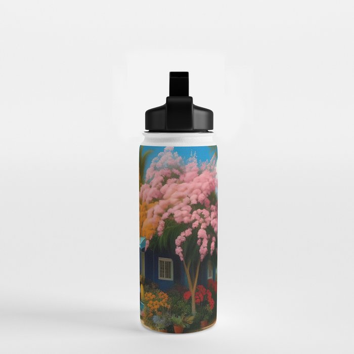The Sunday Picnickers; tropical African American family landscape painting with flower blossoms and cottages  Water Bottle Gallery Image 2