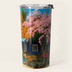 The Sunday Picnickers; tropical African American family landscape painting with flower blossoms and cottages  Travel Mug Gallery Image 2