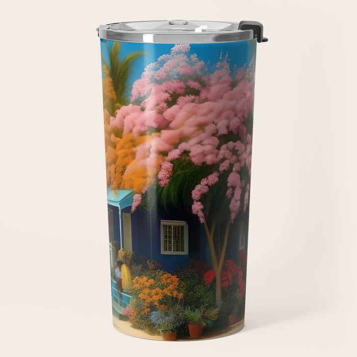 The Sunday Picnickers; tropical African American family landscape painting with flower blossoms and cottages  Travel Mug Gallery Image 2