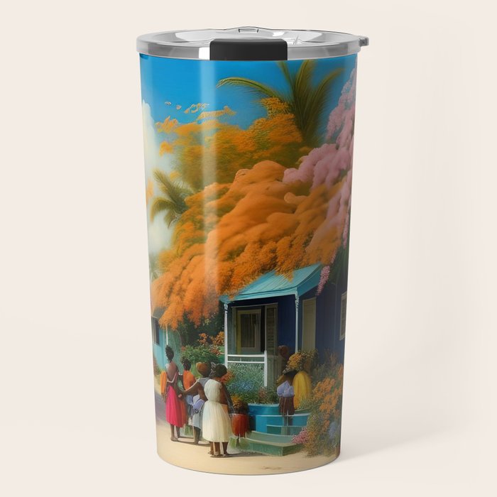 The Sunday Picnickers; tropical African American family landscape painting with flower blossoms and cottages  Travel Mug Gallery Image 1