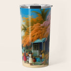 The Sunday Picnickers; tropical African American family landscape painting with flower blossoms and cottages  Travel Mug Gallery Image 1