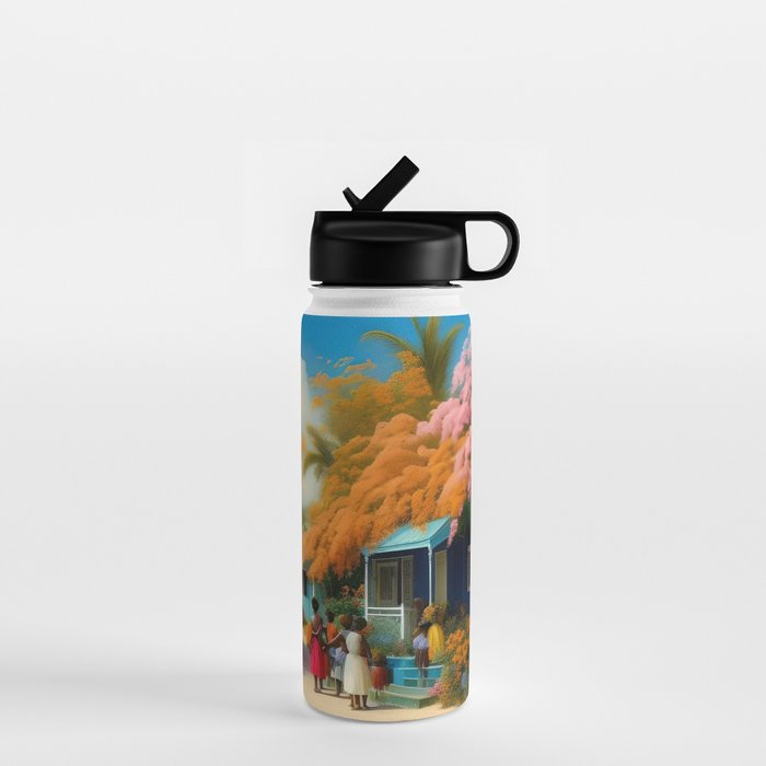 The Sunday Picnickers; tropical African American family landscape painting with flower blossoms and cottages  Water Bottle Gallery Image 1