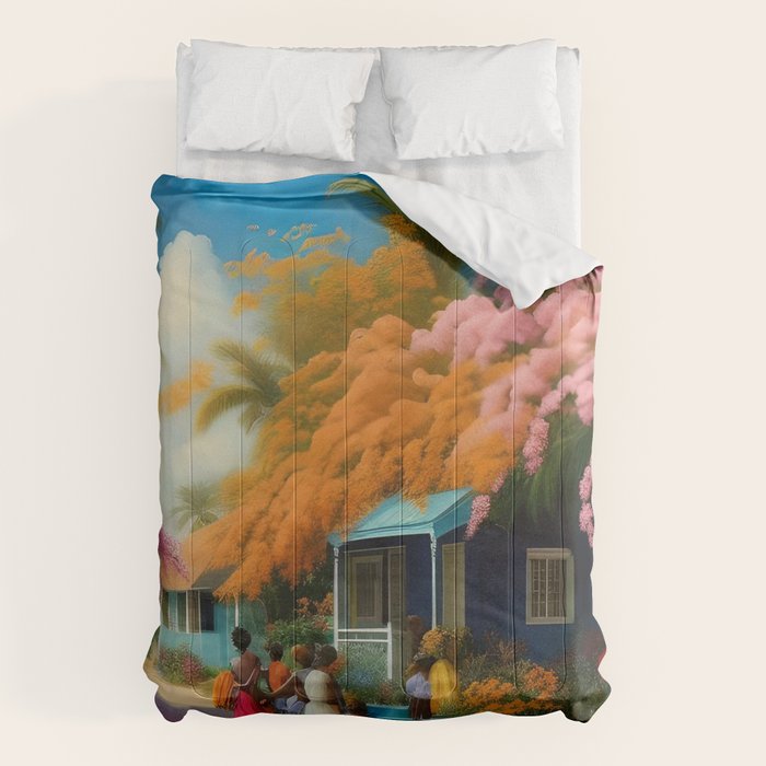 The Sunday Picnickers; tropical African American family landscape painting with flower blossoms and cottages  Comforter Gallery Image 1