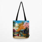 The Sunday Picnickers; tropical African American family landscape painting with flower blossoms and cottages  Tote Bag Gallery Image 2