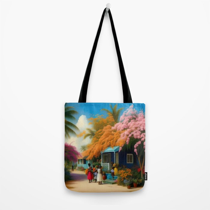 The Sunday Picnickers; tropical African American family landscape painting with flower blossoms and cottages  Tote Bag Gallery Image 2
