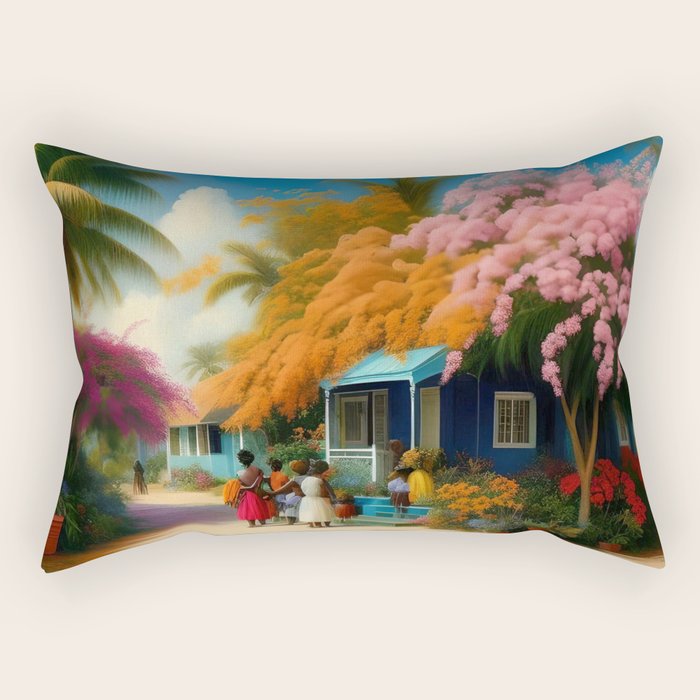 The Sunday Picnickers; tropical African American family landscape painting with flower blossoms and cottages  Rectangular Pillow Gallery Image 1