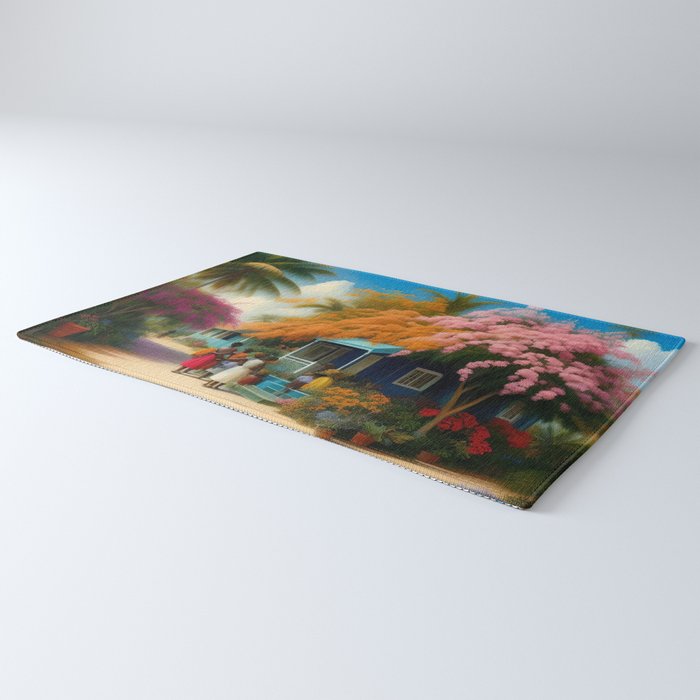 The Sunday Picnickers; tropical African American family landscape painting with flower blossoms and cottages  Rug Gallery Image 3