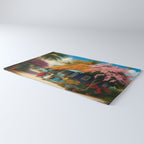 The Sunday Picnickers; tropical African American family landscape painting with flower blossoms and cottages  Rug Gallery Image 3