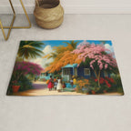 The Sunday Picnickers; tropical African American family landscape painting with flower blossoms and cottages  Rug Gallery Image 1