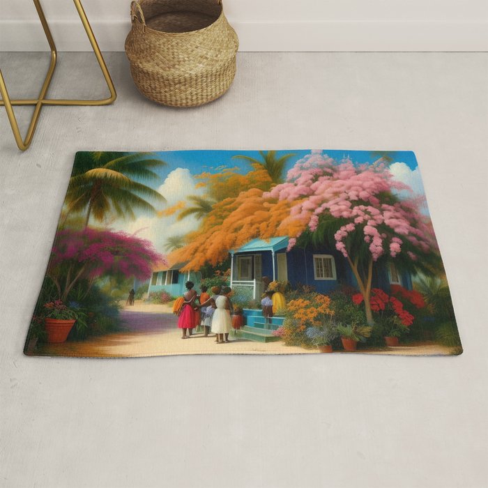 The Sunday Picnickers; tropical African American family landscape painting with flower blossoms and cottages  Rug Gallery Image 1