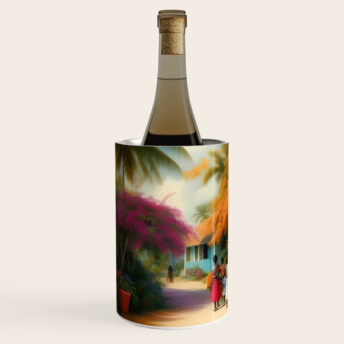 The Sunday Picnickers; tropical African American family landscape painting with flower blossoms and cottages  Wine Chiller Gallery Image 2