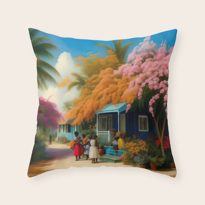 The Sunday Picnickers; tropical African American family landscape painting with flower blossoms and cottages  Throw Pillow Gallery Image 6