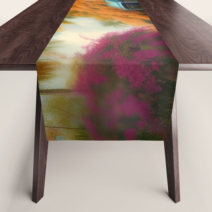 The Sunday Picnickers; tropical African American family landscape painting with flower blossoms and cottages  Table Runner Gallery Image 1