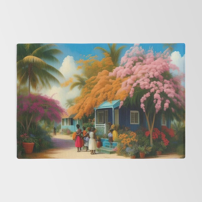 The Sunday Picnickers; tropical African American family landscape painting with flower blossoms and cottages  Rug Gallery Image 2