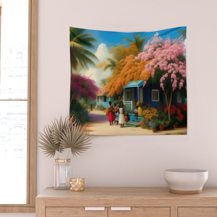 The Sunday Picnickers; tropical African American family landscape painting with flower blossoms and cottages  Wall Tapestry Gallery Image 2