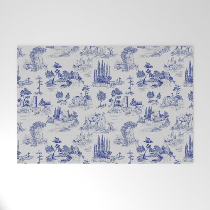 Toile de Jouy Vintage French Romantic Pastoral Navy Blue Welcome Mat Gallery Image 1
