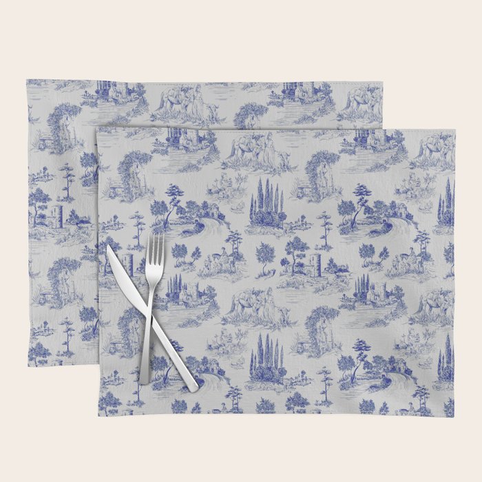 Toile de Jouy Vintage French Romantic Pastoral Navy Blue Placemat Gallery Image 1