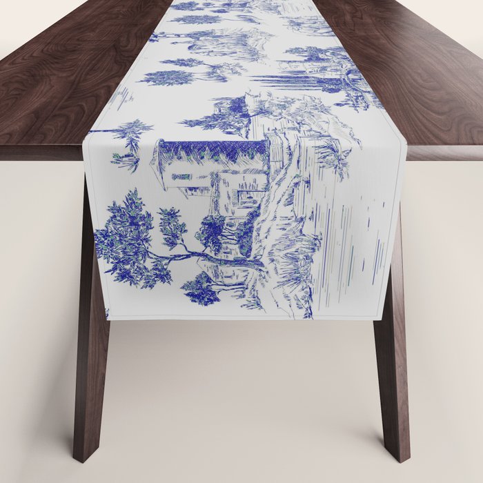 Toile de Jouy Vintage French Romantic Pastoral Navy Blue Table Runner Gallery Image 1