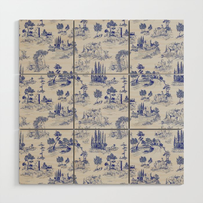 Toile de Jouy Vintage French Romantic Pastoral Navy Blue Wood Wall Art Gallery Image 1
