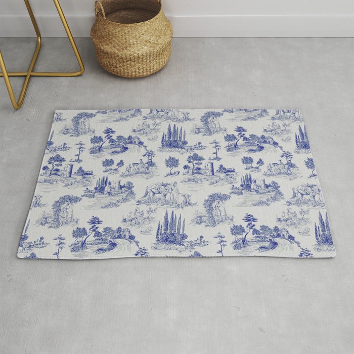 Toile de Jouy Vintage French Romantic Pastoral Navy Blue Rug Gallery Image 1