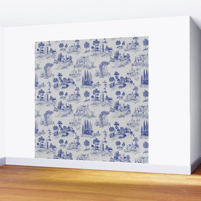 Toile de Jouy Vintage French Romantic Pastoral Navy Blue Wall Mural Gallery Image 2